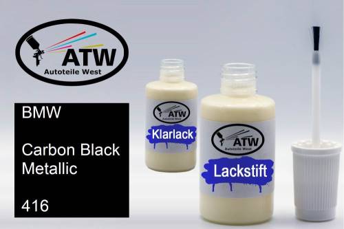 BMW, Carbon Black Metallic, 416: 20ml Lackstift + 20ml Klarlack - Set, von ATW Autoteile West.